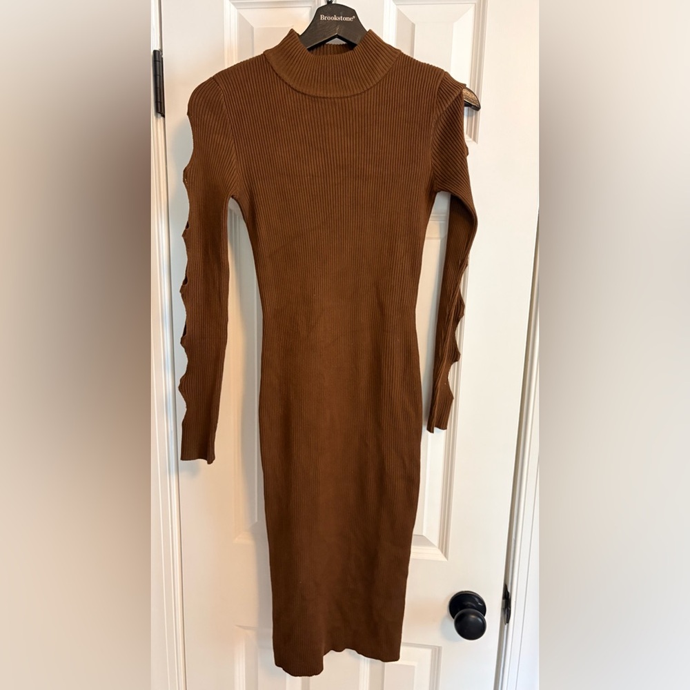 Crave Fame Brown Ribbed Long Sleeve Bodycon Dress